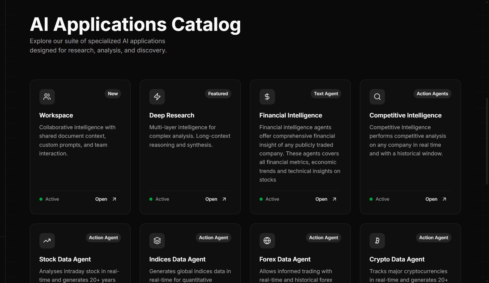 AI Applications Catalog with Deep Research, Financial Intelligence, Competitive Intelligence and data agents